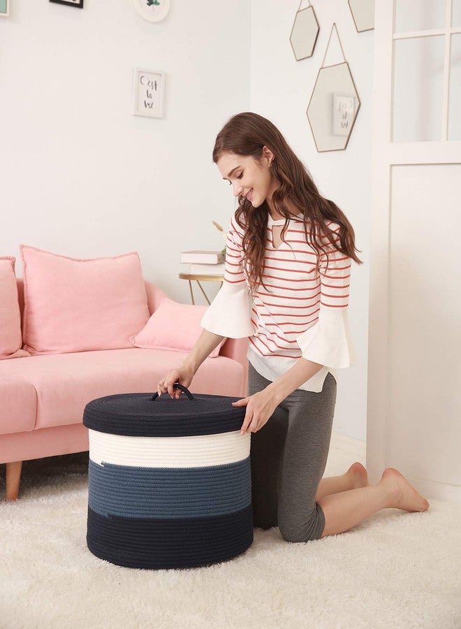 Cottonphant 20" x 20" x 15" Extra Large Storage Basket with Lid, Cotton Rope Storage Baskets, Laundry Hamper, Cloth Bin, for Clothes Towels Blankets Pillows Storage in Living Room, Basket with Lid Blue/Deep Blue - Image 2
