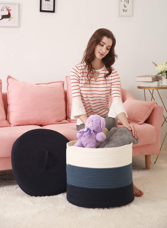 Cottonphant 20" x 20" x 15" Extra Large Storage Basket with Lid, Cotton Rope Storage Baskets, Laundry Hamper, Cloth Bin, for Clothes Towels Blankets Pillows Storage in Living Room, Basket with Lid Blue/Deep Blue - Image 3