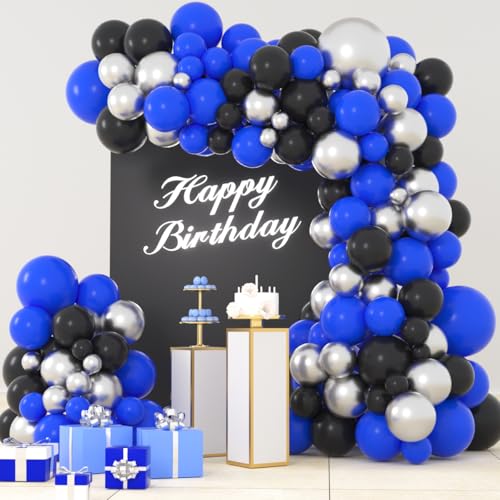 LUDEOU Blue Black Silver Balloon Garland Arch Kit Royal Blue and Black Balloon Silver Balloons for Boy 21th 30th 40th Birthday Retirement Graduation Prom Video Gaming Party Decorations - Image 1