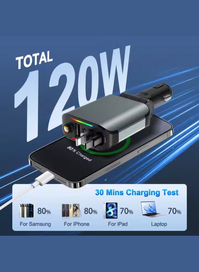 120 W 4‑in‑1 Retractable LED Starry Sky Car Charger with USB‑A & USB‑C Cables, PD Fast Charging, Multi‑Protection (Over‑Current/Voltage/Temp/Short‑Circuit) - Image 3