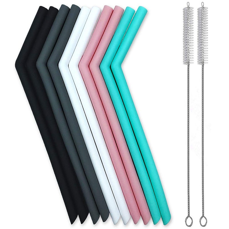 CTVB Set of 10 Large Reusable Silicone Straws Pink Thick Smoothie Silicone Drinking Straws with Cleaning Brushes Extra Long Flexible For 20oz 30oz and 40oz Tumblers BPA Free Non Rubber