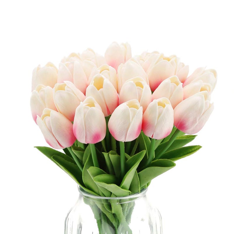 IPOPU 24PCS Pink Tulips Artificial Flowers Light Pink Tulips Fake Flowers for Tulip Flower Arrangements Home Decor Wedding Bridal Bouquet Party Baby Shower Centerpieces Light Pink