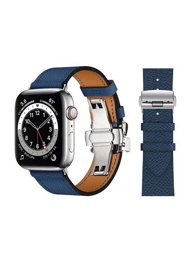 vesus Genuine Leather Replacement Band with Silver Buckle for Apple Watch Series 6/SE/5/4/3/2/1 44/42mm Royal Blue