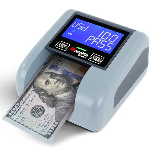 Cassida Quattro Fast Automatic Currency Counterfeit Detector with Advanced Sensors (UV,MG,IR,MT,Thickness,Size) - All-Orientation Feeding - Rechargeable Battery - 3.5" Value (Pass/Fail + UV/MG) - Image 1
