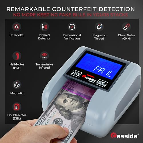 Cassida Quattro Fast Automatic Currency Counterfeit Detector with Advanced Sensors (UV,MG,IR,MT,Thickness,Size) - All-Orientation Feeding - Rechargeable Battery - 3.5" Value (Pass/Fail + UV/MG) - Image 4