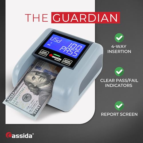 Cassida Quattro Fast Automatic Currency Counterfeit Detector with Advanced Sensors (UV,MG,IR,MT,Thickness,Size) - All-Orientation Feeding - Rechargeable Battery - 3.5" Value (Pass/Fail + UV/MG) - Image 2