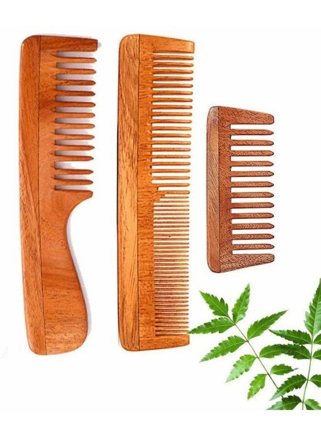WITSOUL Neem Wood Comb Anti-Dandruff Comb For Men And Women Brown (SET OF 3) - Image 1