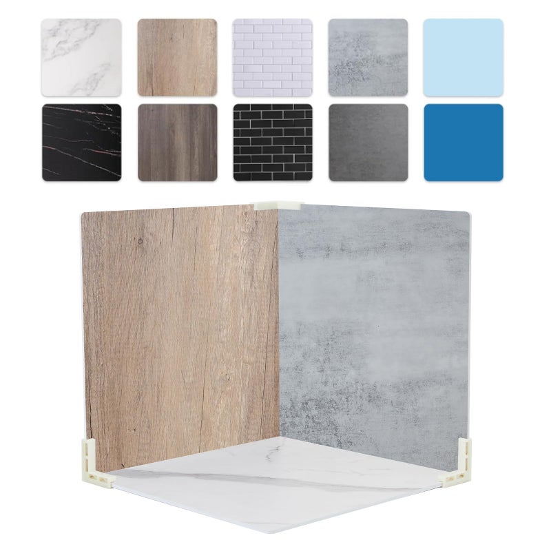 EOAJAFOU 5PCS Double Sided 10 Patterns Photography Backdrop Boards 16x16 Inch Waterproof Background Surface with 4 Brackets Cement Marble Wood Brick Texture Backdrop for Food Jewelry Shooting