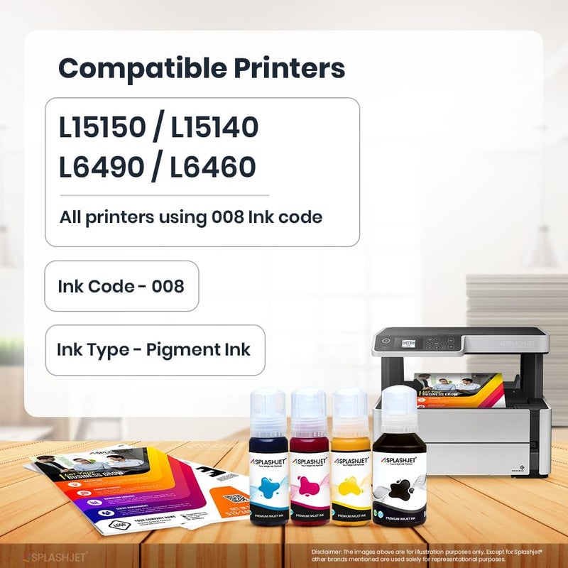 Splashjet 008 Compatible Refill Pigment Ink for Epson L15150, L15160, L15140, L6490, L6460 Printer - Compatible Ink Bottle for Epson 008 Ink Code (C/M/Y/Bk)- Ink Bottle Set (Multicolor) - 502367 - Image 3