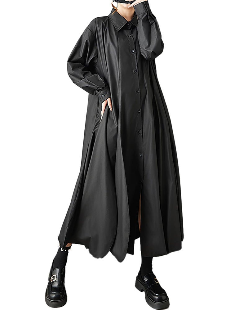 ellazhu Women's Dress Lapel Long Sleeve Button Down Plus Size Maxi Hem GZ745 Black - Image 1