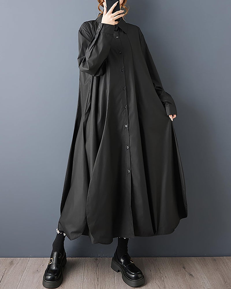 ellazhu Women's Dress Lapel Long Sleeve Button Down Plus Size Maxi Hem GZ745 Black - Image 4