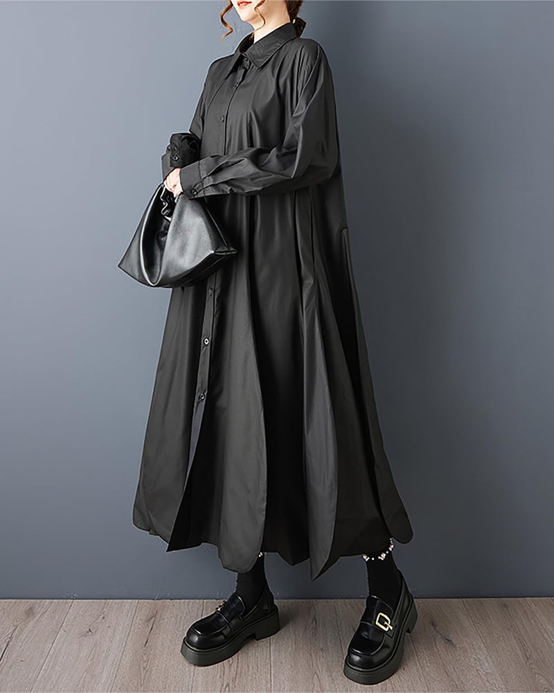 ellazhu Women's Dress Lapel Long Sleeve Button Down Plus Size Maxi Hem GZ745 Black - Image 2