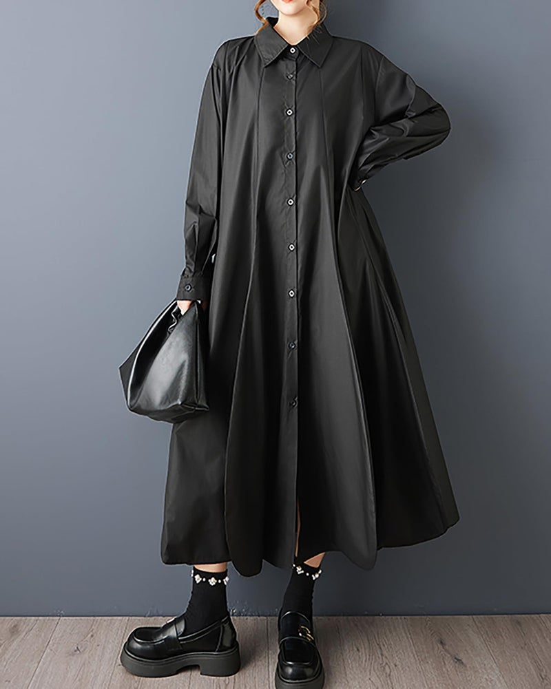 ellazhu Women's Dress Lapel Long Sleeve Button Down Plus Size Maxi Hem GZ745 Black - Image 3