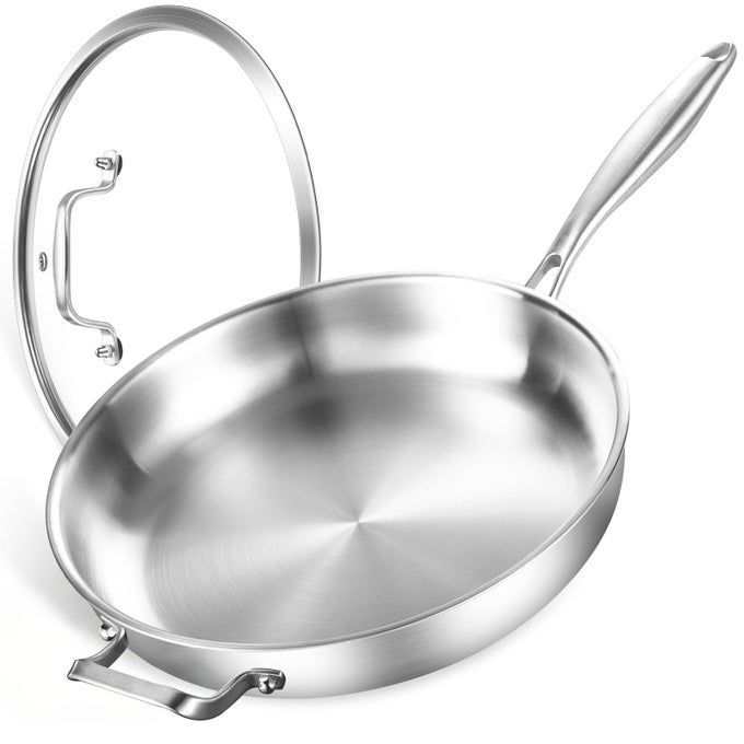 STAINLESS STEEL PAN 14INCH LARGE FRYING PAN WITH LID HEAVY DUTY COMPATIBLE WITH INDUCTION GAS AND ELECTRIC UP TO 650 FAST EVEN HEATING DURABLE DISHWASHER OVEN SAFE SKILLET
