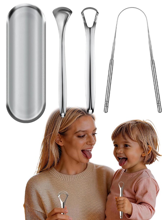 3Pcs Stainless Steel Tongue Scraper with Silver Storage Case, Adult Oral Cleaner for Fresh Breath - Image 1
