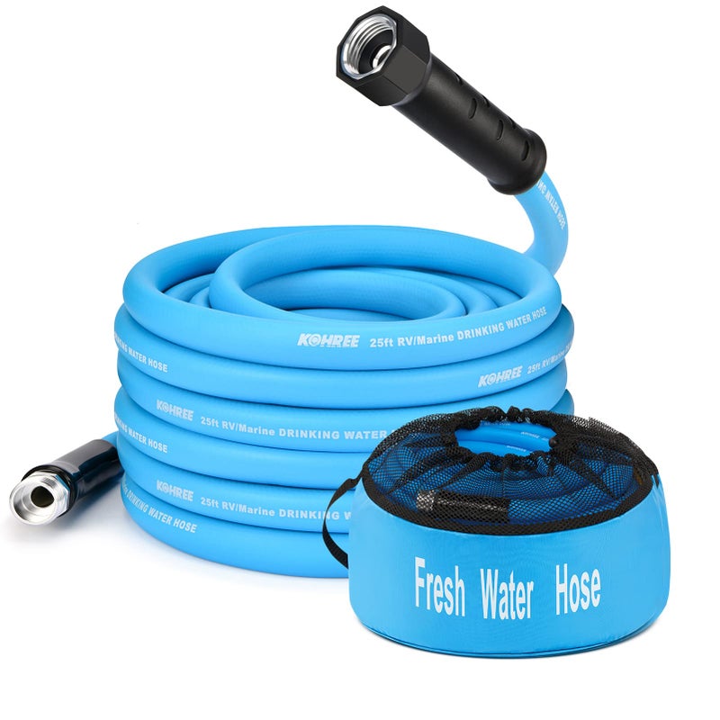 Kohree 25FT RV Water Hose with Storage Bag, 5/8'' Premium Drinking Water Hose Leak Free, No Kink and Flexible Garden Hose for RV, Camper, Truck, Car - Blue - Image 1