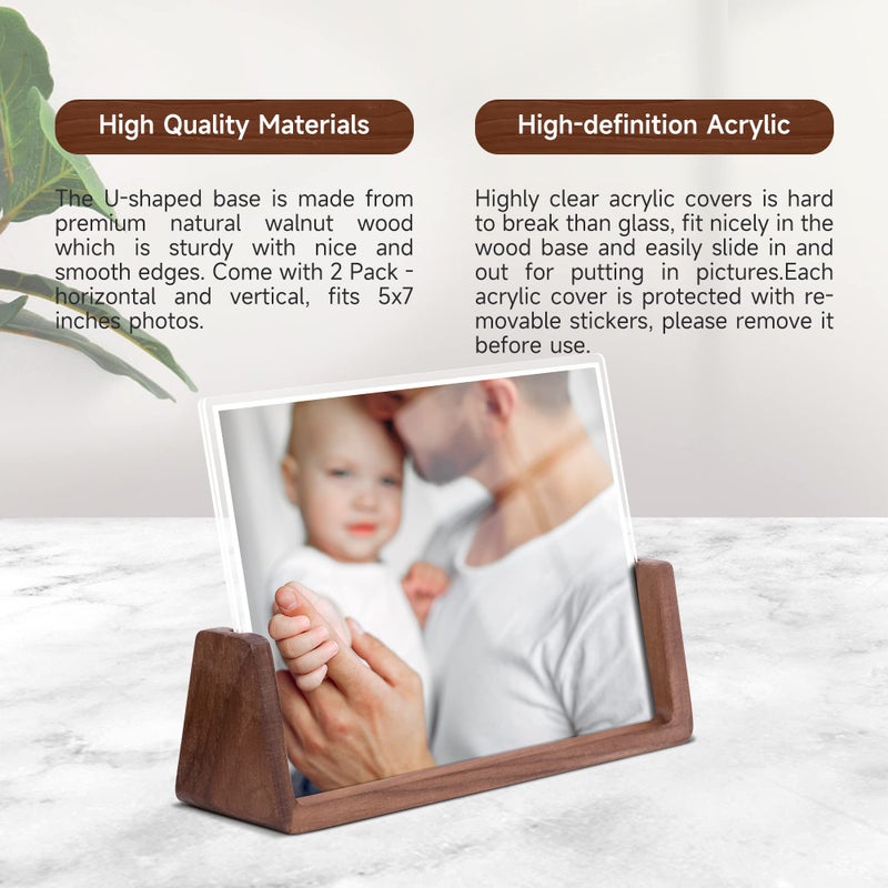 Komimaci 5x7 picture frames, Solid Rustic Wooden Photo Frames with Walnut Wood Base and High Definition Acrylic Glass Covers - for Tabletop or Desktop Display (5x7 inch, Horizontal) - Image 2