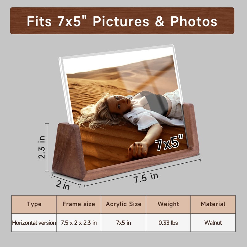 Komimaci 5x7 picture frames, Solid Rustic Wooden Photo Frames with Walnut Wood Base and High Definition Acrylic Glass Covers - for Tabletop or Desktop Display (5x7 inch, Horizontal) - Image 3