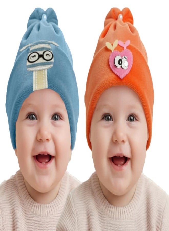 FIT FOCUS Kids Velvet Winter Woolen Caps for Beanie Hat Cap's Warm Cap for Baby Kids Cap New Born Baby Cap's for Boys & Girls (in, Age, 0 Months, 3 Months, Blue+Orange) - Image 1