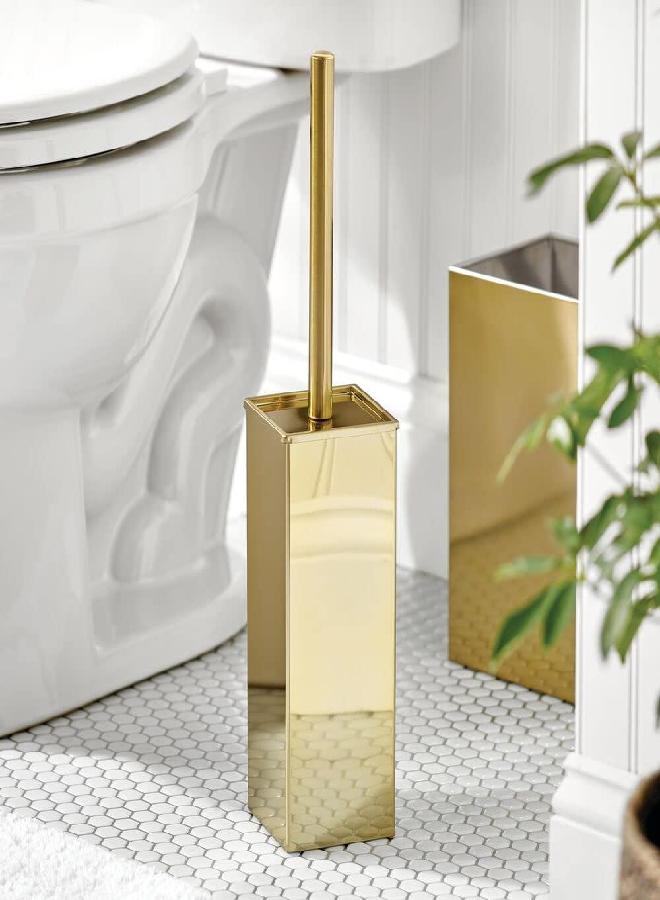 mDesign Steel Square Modern Toilet Bowl Brush and Holder for Bathroom Storage and Organization, Compact Free-Standing Design, Covered Brush - Sturdy, Deep Cleaning - Citi Collection - Soft Brass - Image 1