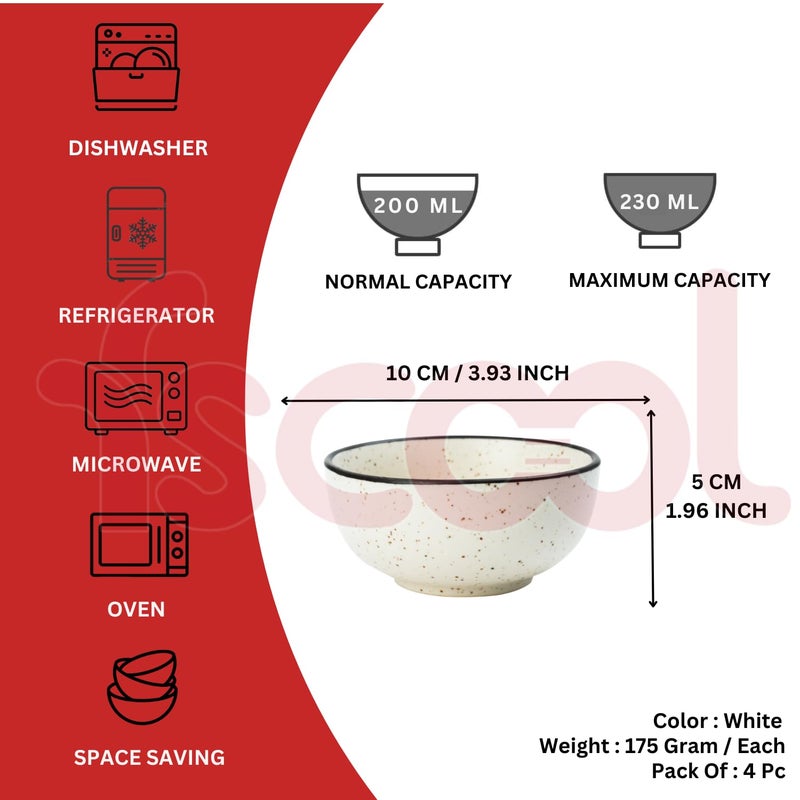 FS COOL Hand Painted White Ceramic Bowls, Dishwasher & Microwave Safe, Large Bowl for Noodle, Pasta, Cereal, Salad, 200 Ml 10 Cm, Deep Bowl for Kitchen, Serving Bowl Set, Easy Clean (White, 4 Pc) - Image 2