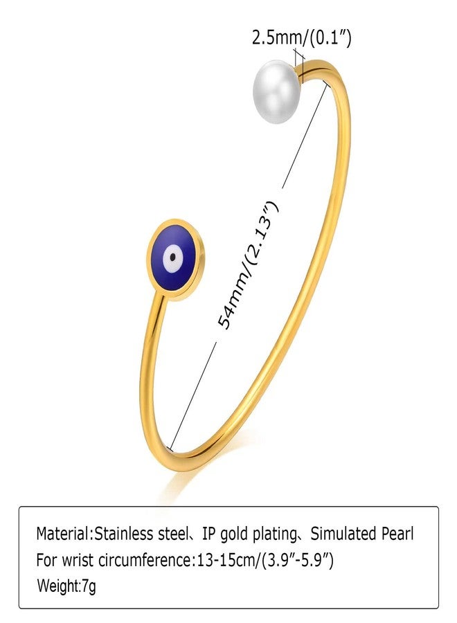 KunBead Gold Blue Evil Eye Simulated Pearl Birthday Bracelet Stainless Steel Love Bangle Cuff Jewelry Bracelets for Women - Image 2