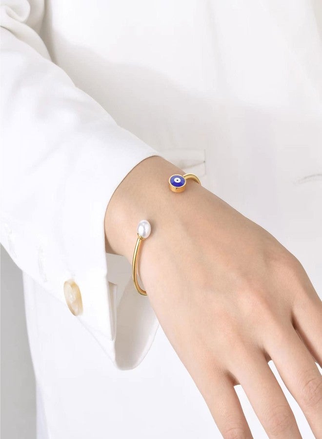 KunBead Gold Blue Evil Eye Simulated Pearl Birthday Bracelet Stainless Steel Love Bangle Cuff Jewelry Bracelets for Women - Image 5