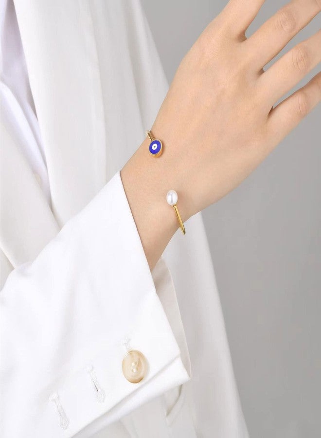 KunBead Gold Blue Evil Eye Simulated Pearl Birthday Bracelet Stainless Steel Love Bangle Cuff Jewelry Bracelets for Women - Image 4