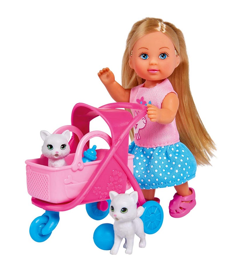 Simba 105733348 Evi Love Cat Buggy with Two Cats in Cat Buggy Removable Bag Accessories Dressing Doll 12 cm for Children from 3 Years