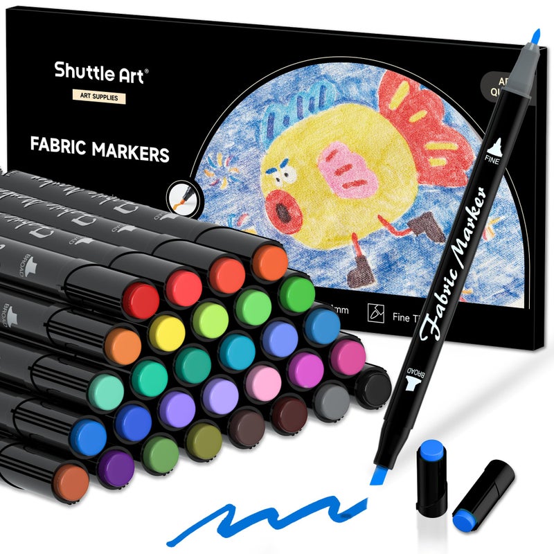Shuttle Art Fabric Markers Pens 30 Colors Dual Tip Fabric Marker Permanent No Bleed Markers for TShirts Sneakers NonToxic Child Safe Permanent Fabric Pens for Kids Adult Painting Writing