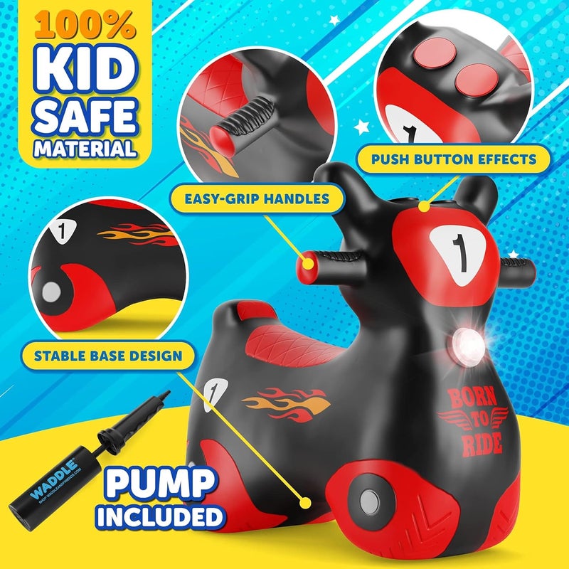 WADDLE Bouncy Hopper Inflatable Hopping Toy Scooter, Indoors and Outdoor for Toddlers and Kids, Boys and Girls Ages 2 Years and Up (Black/Red Zoomer) - Image 5