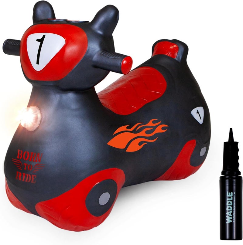 WADDLE Bouncy Hopper Inflatable Hopping Toy Scooter, Indoors and Outdoor for Toddlers and Kids, Boys and Girls Ages 2 Years and Up (Black/Red Zoomer) - Image 1