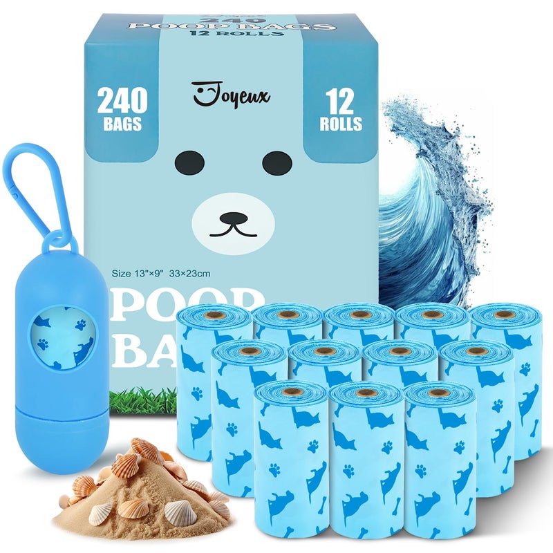 Joyeux 240 Count Ocean Scent Dog Poop Bags Rolls,with Dispenser,Leak-Proof Large Doggie,Extra Thick Poop Bag for Dogs,Cats Litter Bags,Blue Trash Bags for Doggy Pets Bolsa de Popo de Perro - Image 1