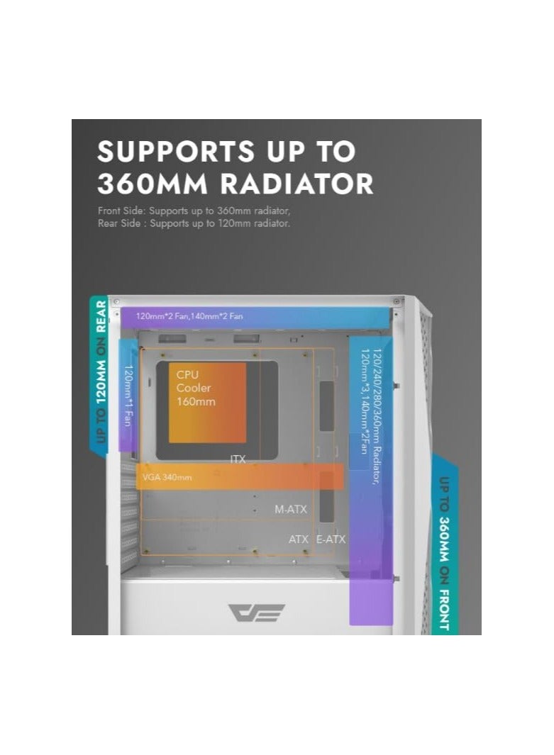 DarkFlash Darkflash DK352 PLUS Luxury ATX/MATX/ITX Gaming PC Case With, Pre-Installed 4 * 120MM ARGB Fans, Transparent Glass Front Panel, USB 3.0 .Computer Case (White) - Image 3