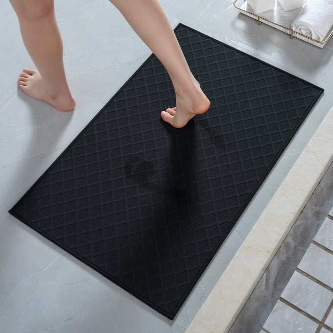 ULTRA THIN BATHROOM RUGS RUBBER BACKED BATH MATS FOR BATHROOM NON SLIP ABSORBENT BATHROOM MAT FOR FLOOR SHOWER SINK20X 32 BLACK