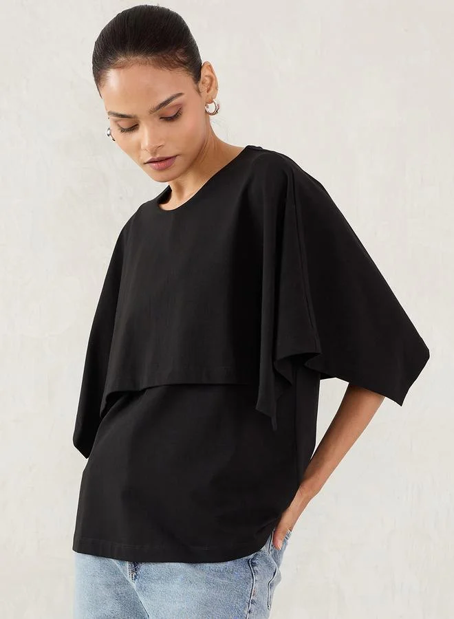 Femmella Femmella Black Cotton Knit Cape Top