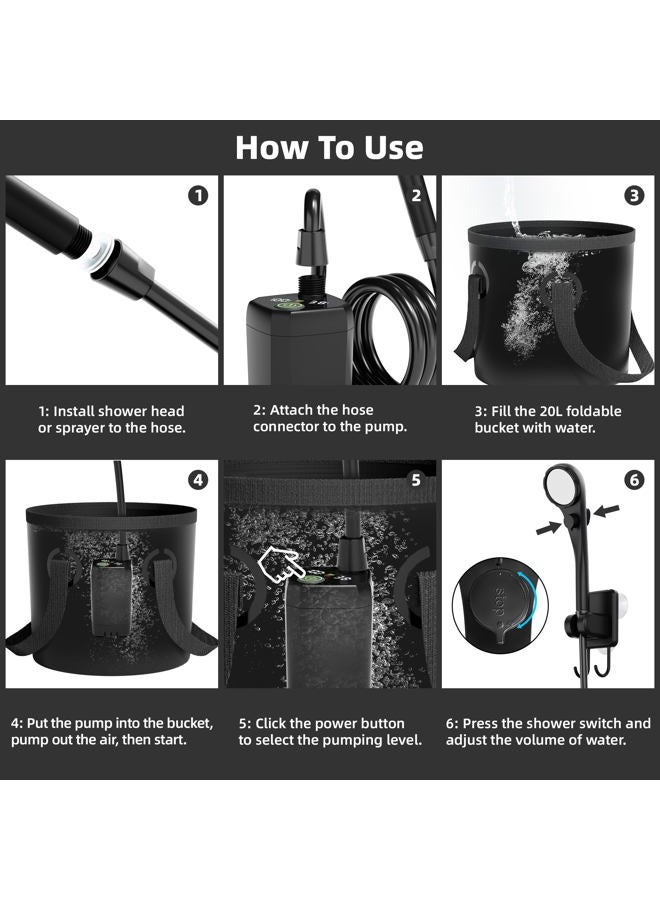 Moriko Portable Camping Shower, 6000mAh Rechargeable Shower Pump, Filtered Shower Head & 5 Gallons Foldable Bucket, Outdoor Shower for Camping Hiking Beach, Travel, Pet Bath, Car Washing (Black) - Image 4