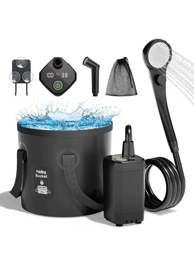 Moriko Portable Camping Shower, 6000mAh Rechargeable Shower Pump, Filtered Shower Head & 5 Gallons Foldable Bucket, Outdoor Shower for Camping Hiking Beach, Travel, Pet Bath, Car Washing (Black) - Image 1
