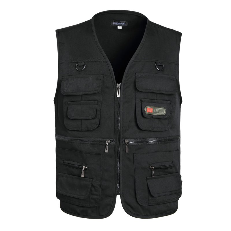 LISUHEPEAL Men's Fishing Vest Summer Outdoor Work Safari Travel Photo Vests with Multi Pockets (S18-Black, L) - Image 1