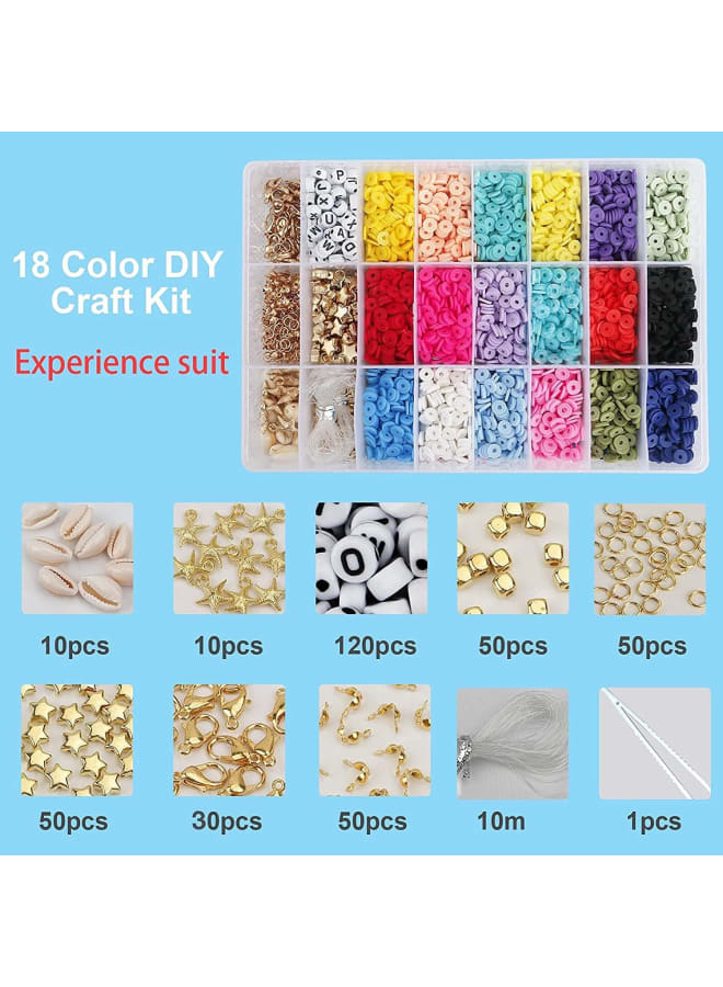 18 color polymer clay gasket beads are the jewelry DIY kit for making necklaces and bracelets. These unique beads are made of environmentally friendly polymer clay, safe and non-toxic. This set can help adults relieve stress or kill time, and also help teenagers find self-confidence to improve their hands-on ability, concentration and imagination, and inspire them to learn more new things. age Include: 4500 colorful polymer clay beads 30 sets lobster clasp 50 binder&open loop tools 50 star beads 50 gold square beads 120 letter beads(Random letters) 10 shells 10 starfish pendant 5 meters elastic cord can tailor (2 pcs) A PVC storage box 1 tweezer Size: 6mm in diameter, 2mm hole diameter and 1mm thickness How to use: · Prepare the required materials · Measure some elastic thread suitable for your wrist · String your selected beads · Tie on one end with an O-ring tightly · Tie on the other end with lobster clasp, knotted and fastened · Finished - Image 2