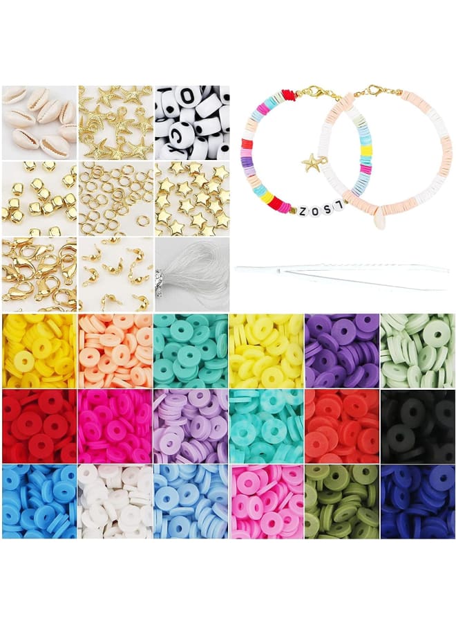 18 color polymer clay gasket beads are the jewelry DIY kit for making necklaces and bracelets. These unique beads are made of environmentally friendly polymer clay, safe and non-toxic. This set can help adults relieve stress or kill time, and also help teenagers find self-confidence to improve their hands-on ability, concentration and imagination, and inspire them to learn more new things. age Include: 4500 colorful polymer clay beads 30 sets lobster clasp 50 binder&open loop tools 50 star beads 50 gold square beads 120 letter beads(Random letters) 10 shells 10 starfish pendant 5 meters elastic cord can tailor (2 pcs) A PVC storage box 1 tweezer Size: 6mm in diameter, 2mm hole diameter and 1mm thickness How to use: · Prepare the required materials · Measure some elastic thread suitable for your wrist · String your selected beads · Tie on one end with an O-ring tightly · Tie on the other end with lobster clasp, knotted and fastened · Finished - Image 1