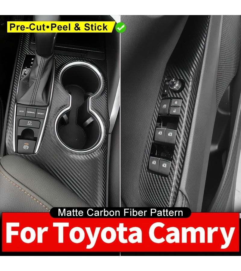 For 2018 2024 Toyota Camry XV70 Interior Vinyl Wrap Kit Carbon Fiber Pattern Dashboard Center Console Gear Shift Door Trim Protective Film Sticker Scratch Resistant LHD Left Hand Drive Center Control Gear Shift Area Style A - Image 1