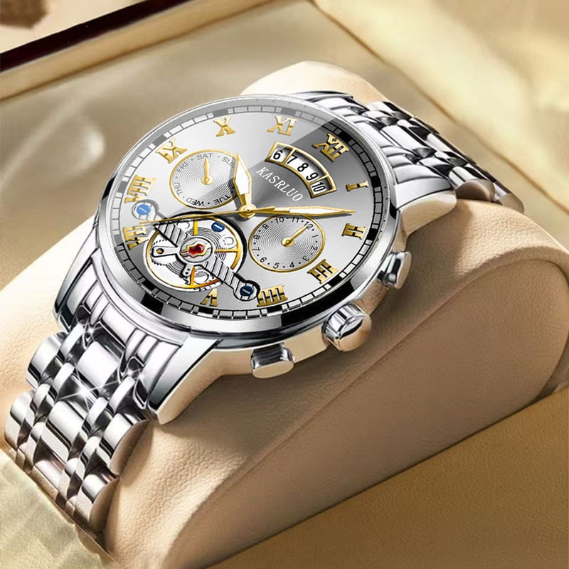Cross-border new stainless steel fake tourbillon high-value watch mens fashion luminous waterproof mens watch steel band Silver white surface
