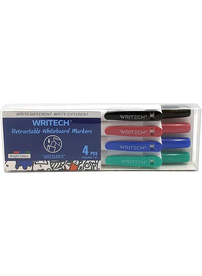 WRITECH Retractable Dry Erase Markers 4Col Fine Tip Assorted Colors Low Odor Multi Colored Set Kid Adult Refillable Clickable Multicolor Thin Point Whiteboard Marker - Image 1