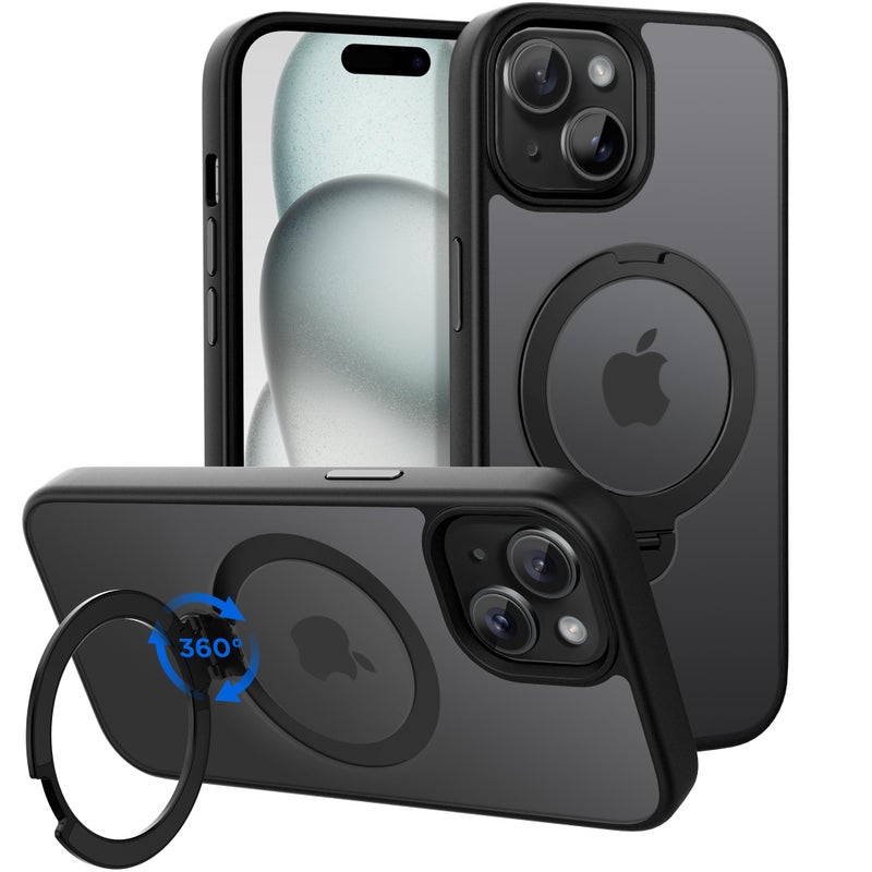 CACOE Magnetic Case for iPhone 15 6.1 inch with 360 Rotatable Ring Stand, Compatible with MagSafe Car Phone Mount, Cases Cover Phone Holder for Desk Meeting/Videos Matte Black - Image 1