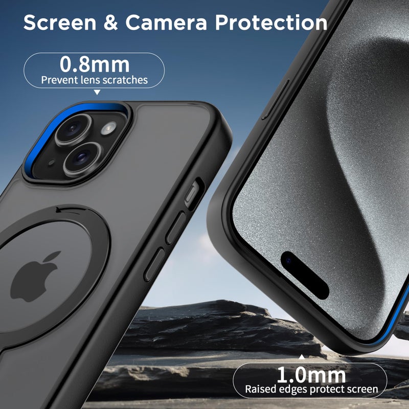 CACOE Magnetic Case for iPhone 15 6.1 inch with 360 Rotatable Ring Stand, Compatible with MagSafe Car Phone Mount, Cases Cover Phone Holder for Desk Meeting/Videos Matte Black - Image 5