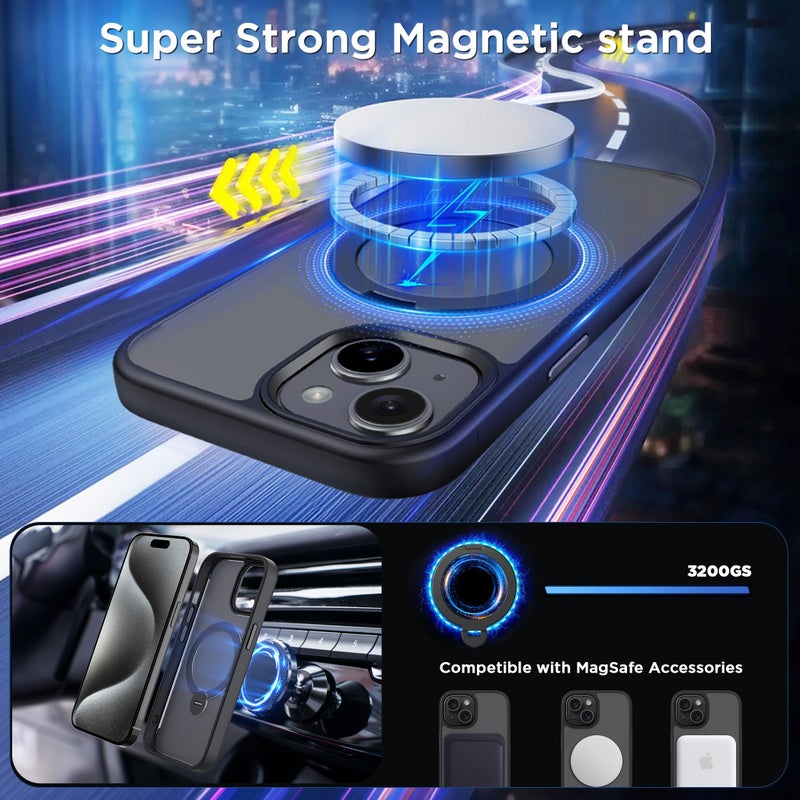 CACOE Magnetic Case for iPhone 15 6.1 inch with 360 Rotatable Ring Stand, Compatible with MagSafe Car Phone Mount, Cases Cover Phone Holder for Desk Meeting/Videos Matte Black - Image 3