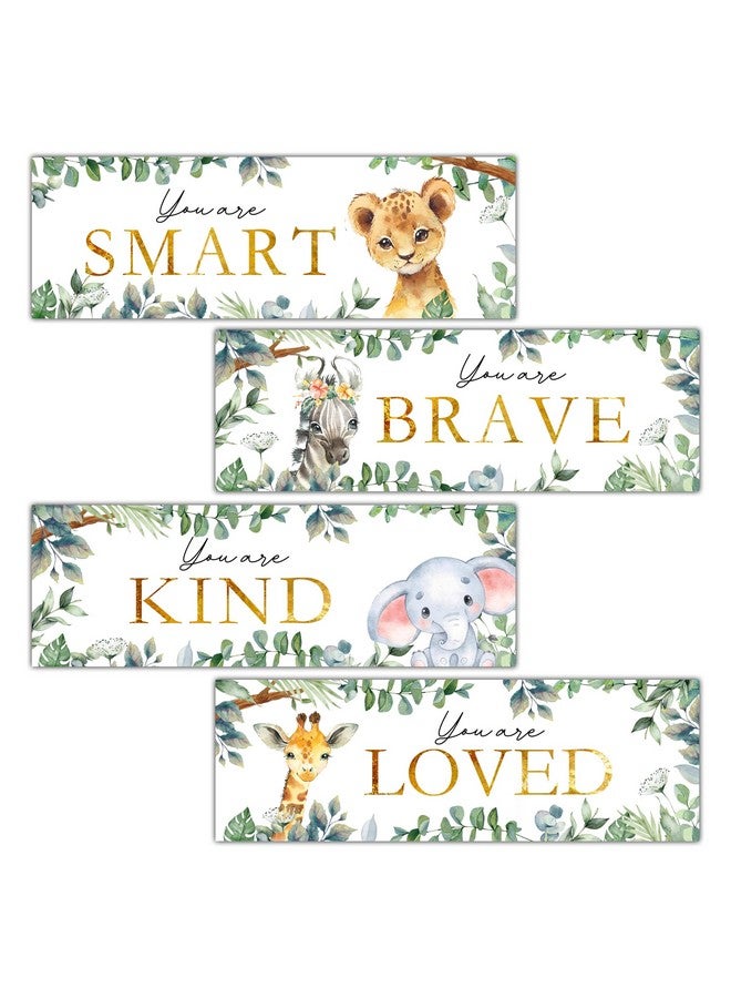 TIRYWT 4 Pieces Kids Room Wall Decor Wooden Sign, 11.8" x 3.9" Jungle Animals Motivational Wall Art for Kids Room Nursery Playroom Classroom, You are Loved/Brave/Kind/Smart-A06 - Image 1