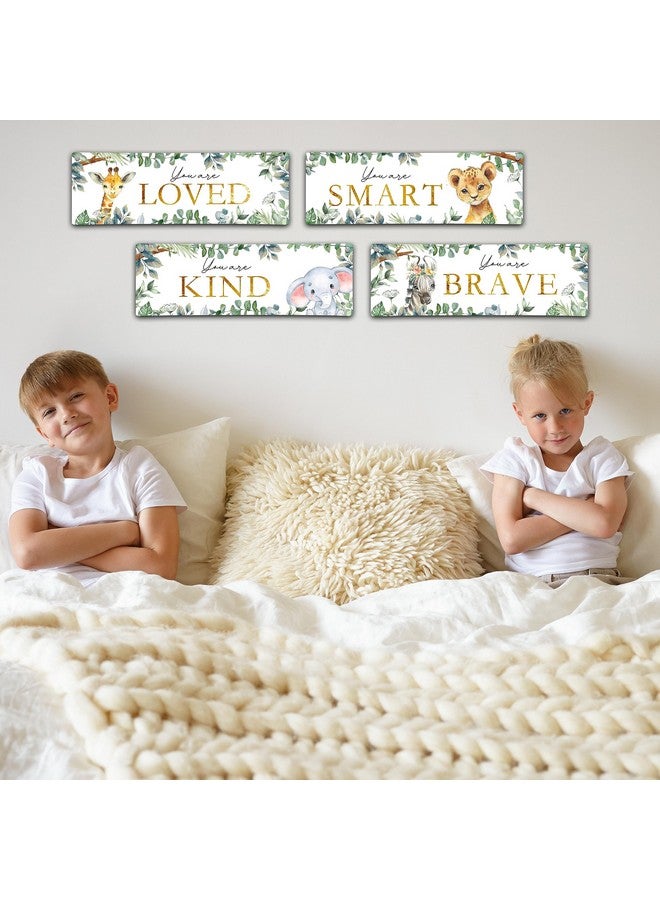 TIRYWT 4 Pieces Kids Room Wall Decor Wooden Sign, 11.8" x 3.9" Jungle Animals Motivational Wall Art for Kids Room Nursery Playroom Classroom, You are Loved/Brave/Kind/Smart-A06 - Image 3