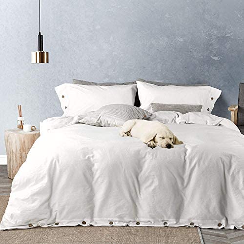 JELLYMONI Queen Size Pure White 100% Washed Cotton Duvet Cover Set  3 Pieces Luxury Soft Bedding Set with Buttons Closure. Solid Color Pattern Duvet Cover(No Comforter) - Image 1